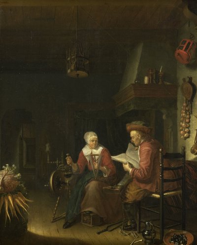 Interiør med en mand der læser og en kvinde der spinder garn af Domenicus van Tol