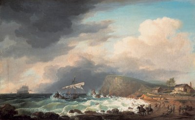 Et skibsforlis ud for en kyst med overlevende og redningsfolk på en strand af Dominic Serres