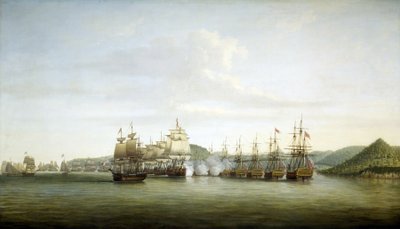 Den amerikanske revolution (eller amerikanske uafhængighedskrig) 1775-1783: Major Samuel Barringtons manøvre på øen Saint Lucia, fransk besiddelse i Vestindien, den 15. december af Dominic Serres