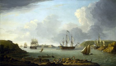En flåde vender tilbage til Plymouth (England), beskrivelse af byen og bugten, inklusive Drake Island og Edgcumbe Mountain. Olie på lærred af Dominic Serres