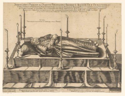 Portræt af Ferdinand II van Tirol Mest fredfyldte prins og lord Ferdinand ærkehertug af Østrig (...) (titel på objekt) af Dominicus Custos (possibly)