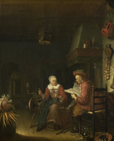 Interiør med en mand, der læser, og en kvinde, der spinder garn af Dominicus van Tol