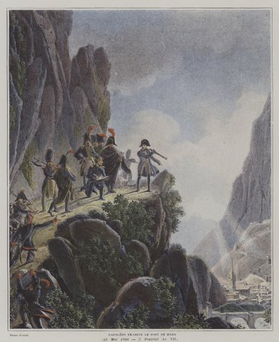 Napoleon undersøger Fort Bard, Italien, 23. maj 1800 (farve litho) af Dominique Vivant (after) Denon