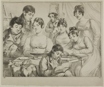 Samtale, en familietegning og læsning, sygeplejersken, der holder et spædbarn, et portræt af prins Edmond de Beauvau bag en stol og portrætter af madame Lavallée og madame Vallory, begge siddende af Dominique Vivant Denon