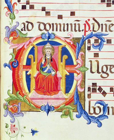 Ms 572 f.125r Historieret bogstav "E", der viser Sankt Peter som den første biskop af Rom fra en antifon fra Santa Maria del Carmine af Don Simone Camaldolese