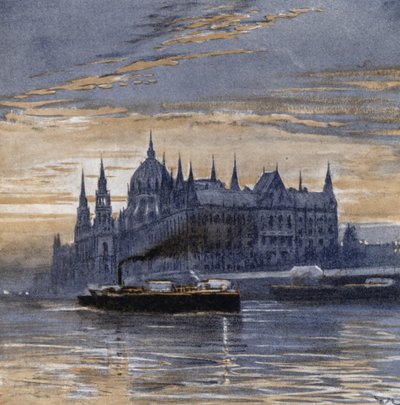 Buda-pest og dets parlamentshus (farve litho) af Donald (after) Maxwell