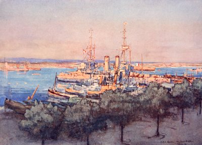 H.M.S. Queen, Trawlers and Drifters, Taranto, illustration fra "The Naval Front" af Gordon S. Maxwell, 1920 af Donald Maxwell