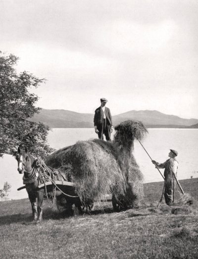 Læsser hø på en vogn på kysten af Loch Lomond, Skotland, 1924-1926. af Donald McLeish