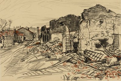 Ødelagt landsby, krigsfront af Donald Shaw MacLaughlan