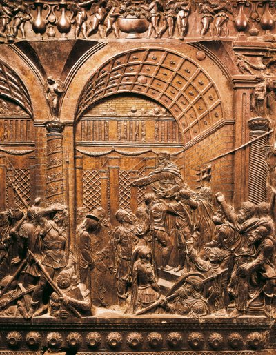 Renæssancekunst (Quattrocento): Kristus leder før Kajfas. 1460. Lavrelief på bronze) af Donatello