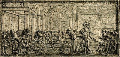 Miraklet med den grådige mands hjerte, Sankt Antonius-alteret, bronzerelief af Donatello, Sankt Antonius-basilikaen i Padua, Padua, Veneto, Italien, træsnit fra Le cento citta d
