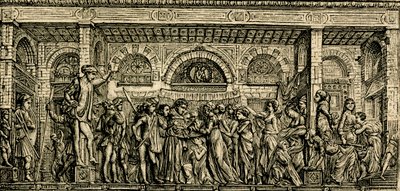 Miraklet med det nyfødte barn, der taler, Sankt Antonius-alteret, bronzerelief af Donatello, Sankt Antonius-basilikaen i Padua, Padua, Veneto, Italien, træsnit fra Le cento citta d