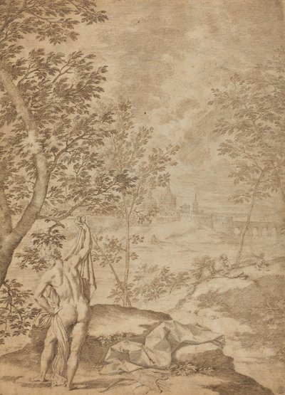 Apollo stående i et flodlandskab af Donato Creti