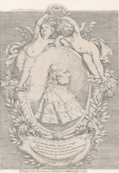 Portræt af Giovanni Girolamo Sbaraglia, inden for en oval flankeret af to putti på overflødighedshorn..., 1716. af Donato Creti