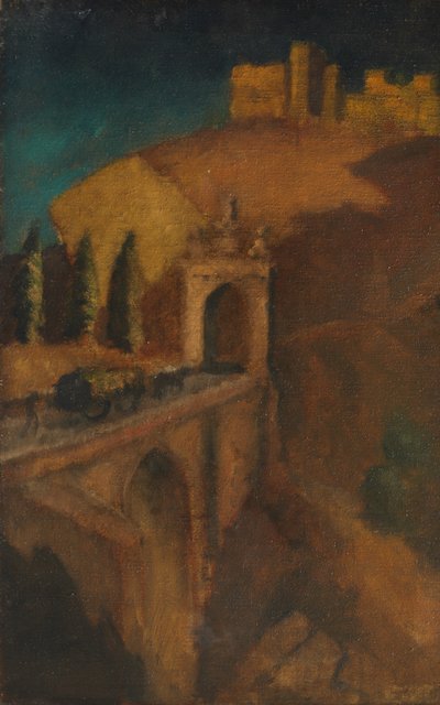 Bjerglandskab med bro (verso), ca. 1910 (olie på lærred) af Dora (attr. to) Carrington