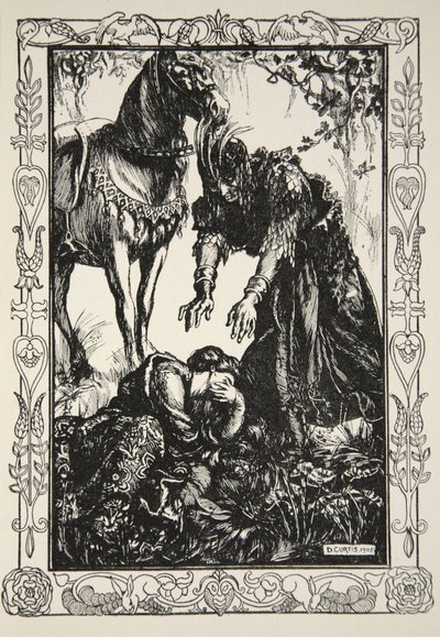 Palamides dukkede op foran hende, illustration fra "Stories of King Arthur and te Round Table" af Beatrice Clay af Dora Curtis