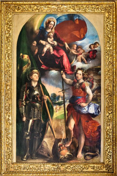 Madonna med spædbarnet Jesus og St. George og St. Michael Ærkeengel, ca. 1518 (olie på panel) af Dosso Dossi