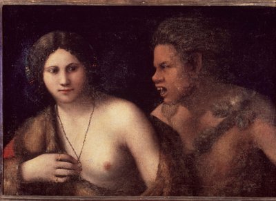 Nymfe og satyr - maleri af Dosso Dossi