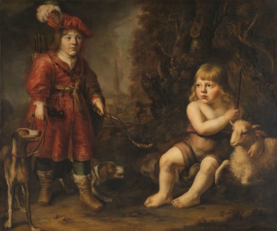Portrætter af to drenge i et landskab, den ene klædt som en jæger, den anden St som Johannes Døberen af Douwe Juwes de Dowe