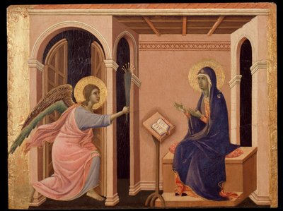 Meddelelse om Marias død. Predella of the Maesta (tempera på træ af Duccio di Buoninsegna