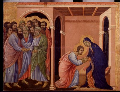 Maria tager afsked med Johannes, på ydersiden giver apostlene Peter og Paulus hånd. Detalje af Maesta (tempera og guld på træ af Duccio di Buoninsegna