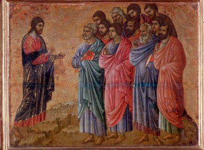 Den opstandne Kristi tilsynekomst i Galilæas bjerge. Maesta altertavle (tempera og guld på træ af Duccio di Buoninsegna