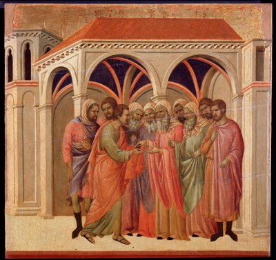 Judas forræderi. Maesta altertavle (tempera og guld på træ af Duccio di Buoninsegna