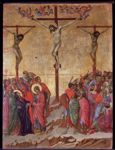 Korsfæstelsen. På siderne den gode tyv (Dismas) og den ubodfærdige tyv (Gestas). Maesta altertavle (tempera og guld på træ af Duccio di Buoninsegna