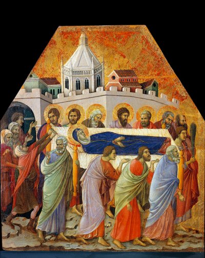 Jomfruens begravelse, Sankt Johannes med håndfladen åbner vejen (tempera på træ af Duccio di Buoninsegna