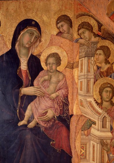 Jomfru og barn på tronen (La Maesta altertavle) (tempera og guld på træ) af Duccio di Buoninsegna