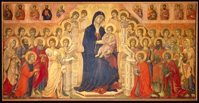 Jomfru tronet med et barn, omgivet af engle og hellige, centralpanelet i Maesta af Duccio di Buoninsegna