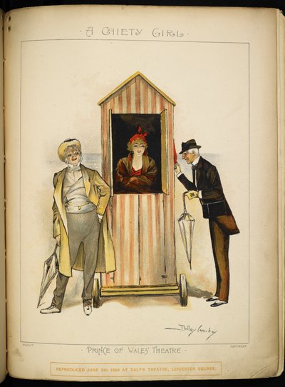 En pige i en mobil omklædningskabine på stranden ved Rivieraen. To mænd, muligvis karaktererne, dommeren og præsten venter udenfor. af Dudley Hardy