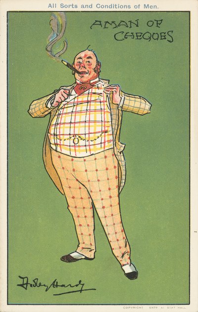 En mand med checks: en velhavende mand i et ternet jakkesæt (farve litho) af Dudley Hardy