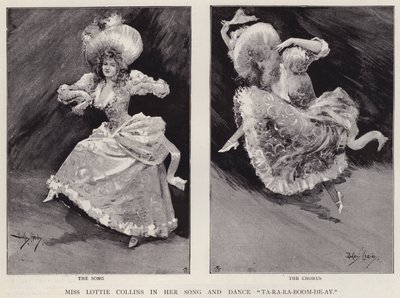 Den engelske music hall-sangerinde og danser Lottie Collins fremfører sin populære sang Ta-Ra-Ra-Boom-De-Ay (litho) af Dudley Hardy