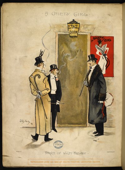 Tre herrer venter udenfor scenedøren på, at Gaiety-piger dukker op. af Dudley Hardy