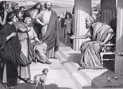 Sokrates henvender sig til athenerne, illustration fra Hutchinsons History of the Nations, 1915 af Dudley Heath