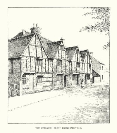 Old Cottages, Great Berkhampstead (litografi) af Duncan Moul