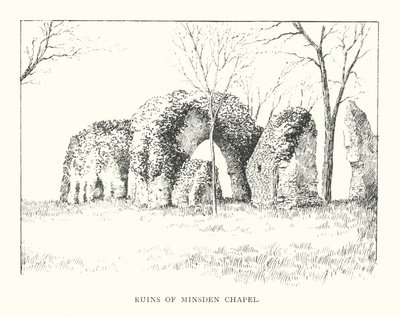Ruinerne af Minsden-kapellet (litografi) af Duncan Moul