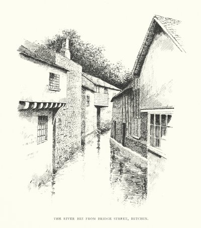 Floden Hiz fra Bridge Street, Hitchin (litografi) af Duncan Moul