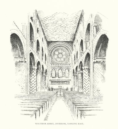 Waltham Abbey, interiør, set mod øst (litografi) af Duncan Moul