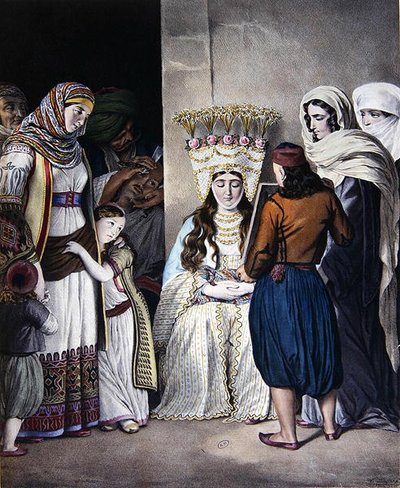 Græsk-ortodoks bryllup i Athen (ca. 1825) (farve litho) af Dupre Dupre