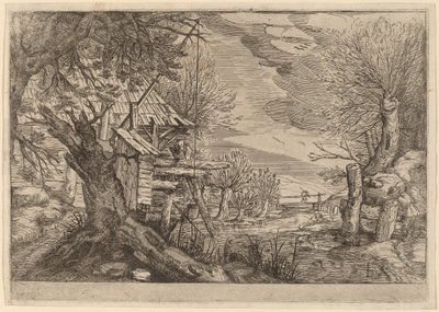 Landskab med bjælkehus nær en flod af Dutch 17th Century, formerly Jacques de Gheyn II