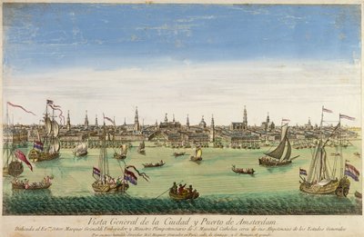 En oversigt over Amsterdams havn og by, stik af D.G. Hucquier, 16. århundrede af Dutch School