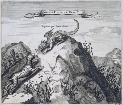 Et bjerg i Jiangxi-provinsen med kløfter kendt som dragen og tigeren, fra Kina Illustreret af Athanasius Kircher (1601-80) 1667 af Dutch School