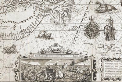 En detalje af to gammeldags hvallignende havmonstre og et indskud med mere naturtro hvaler, fra 