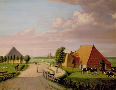 Et studie af Leevwarden i Holland med en flok friesisk kvæg i forgrunden af Dutch School