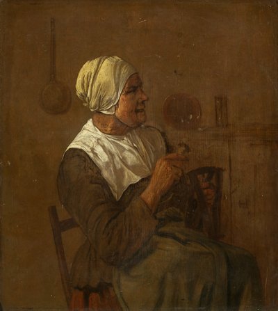 En gammel kvinde siddende, ca. 1650-1700 (olie på panel) af Dutch School