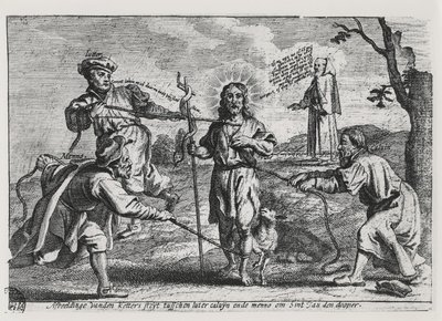 Karikatur af Luther, Calvin og Menno Simons, der bestrider Kristus og hans lære af Dutch School