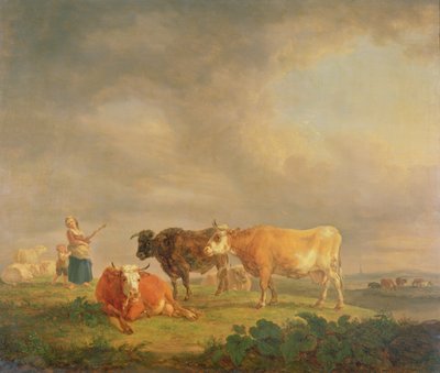 Kvæg græsser i et landskab, ca. 1820 (panel) af Dutch School