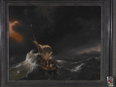Kristus i stormen på Genesaret Sø (olie på lærred) af Dutch School